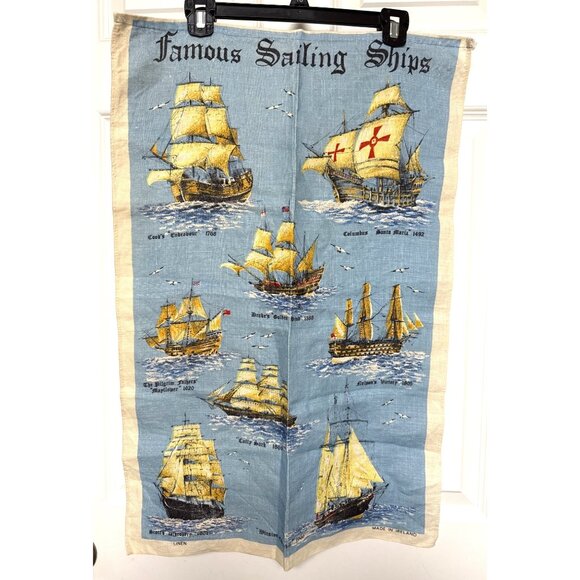 Vintage All Pure Linen MADE IN IRELAND Famous Sailing Ships Columbus Mayflower - Picture 1 of 5